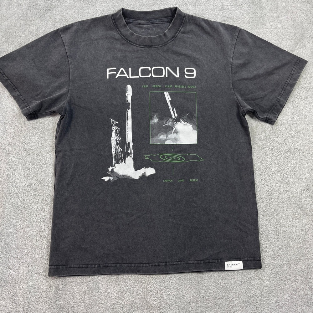 SpaceX T-Shirt Men Small Black Falcon 9 Rocket Graphic Tee Acid Wash 3956